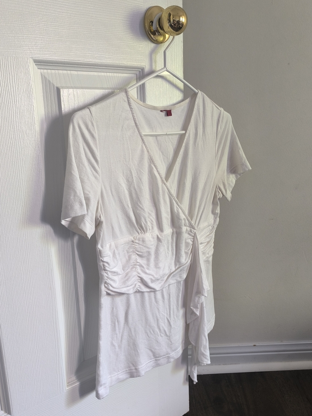 Women's White Short-Sleeve Wrap Tee with Ruched Detail